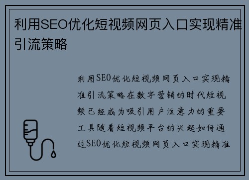 利用SEO优化短视频网页入口实现精准引流策略